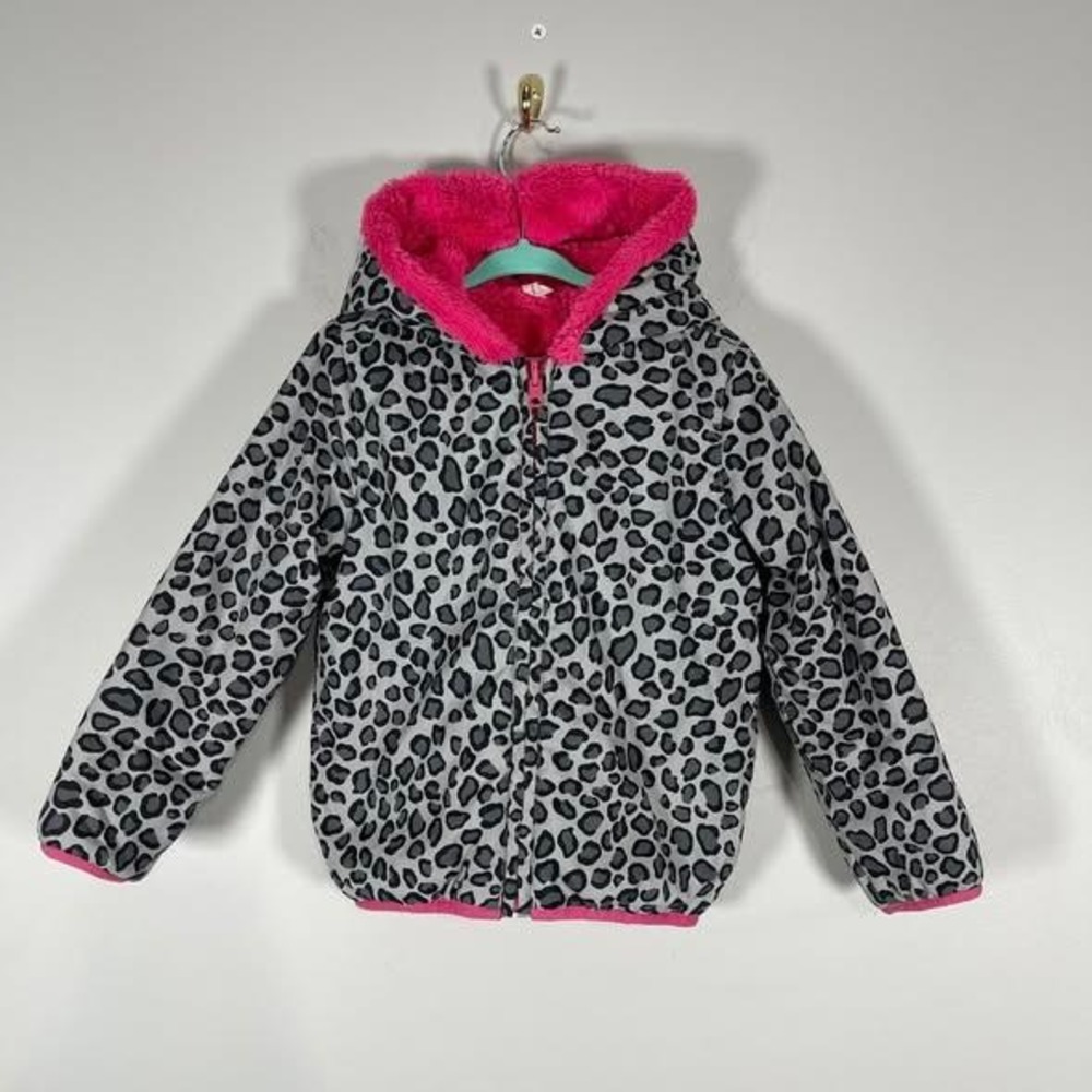 Hanna Andersson Reversible Jacket Girls 4 Pink Fleece Gray Leopard Nylon Hood‎